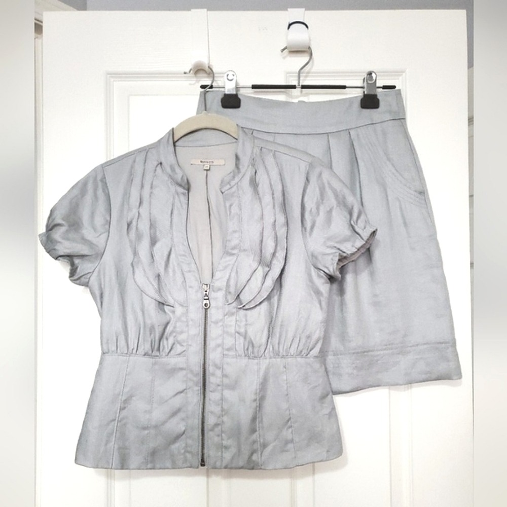 RW&CO ramie & cotton jacket blazer short skirt suit gray Small S natural fabric